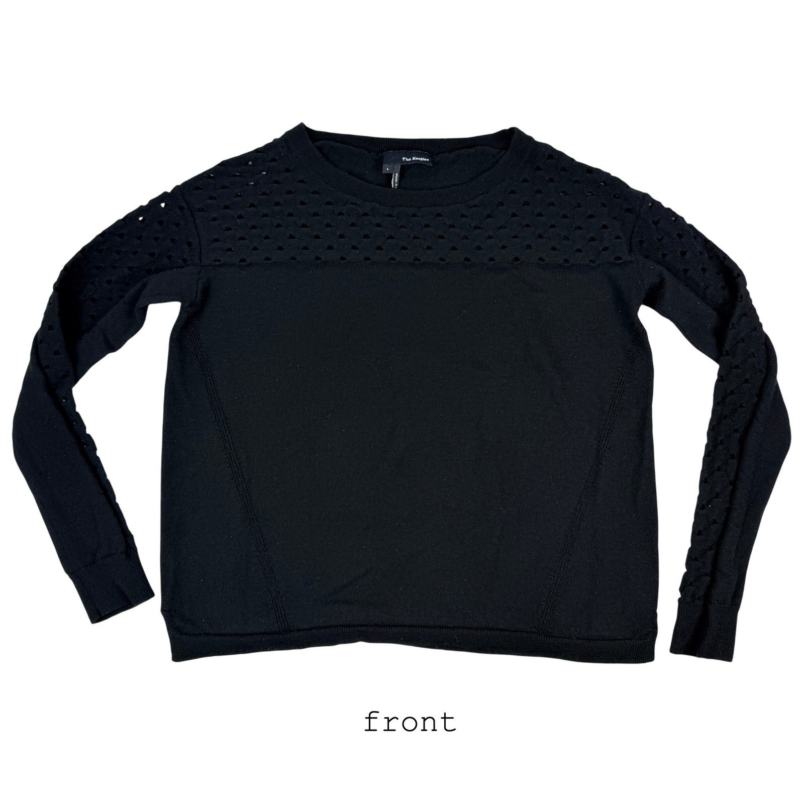 The Kooples Womens Black 100% Wool Pointelle Knit Crewneck Sweater Size L